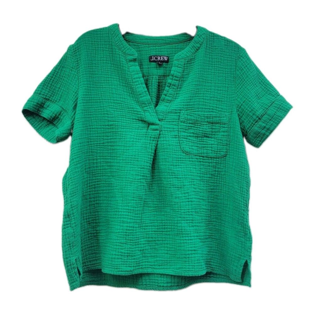 J.Crew Double Gauze Cotton Short Sleeve Top Sz Small Split Neck Boxy Preppy